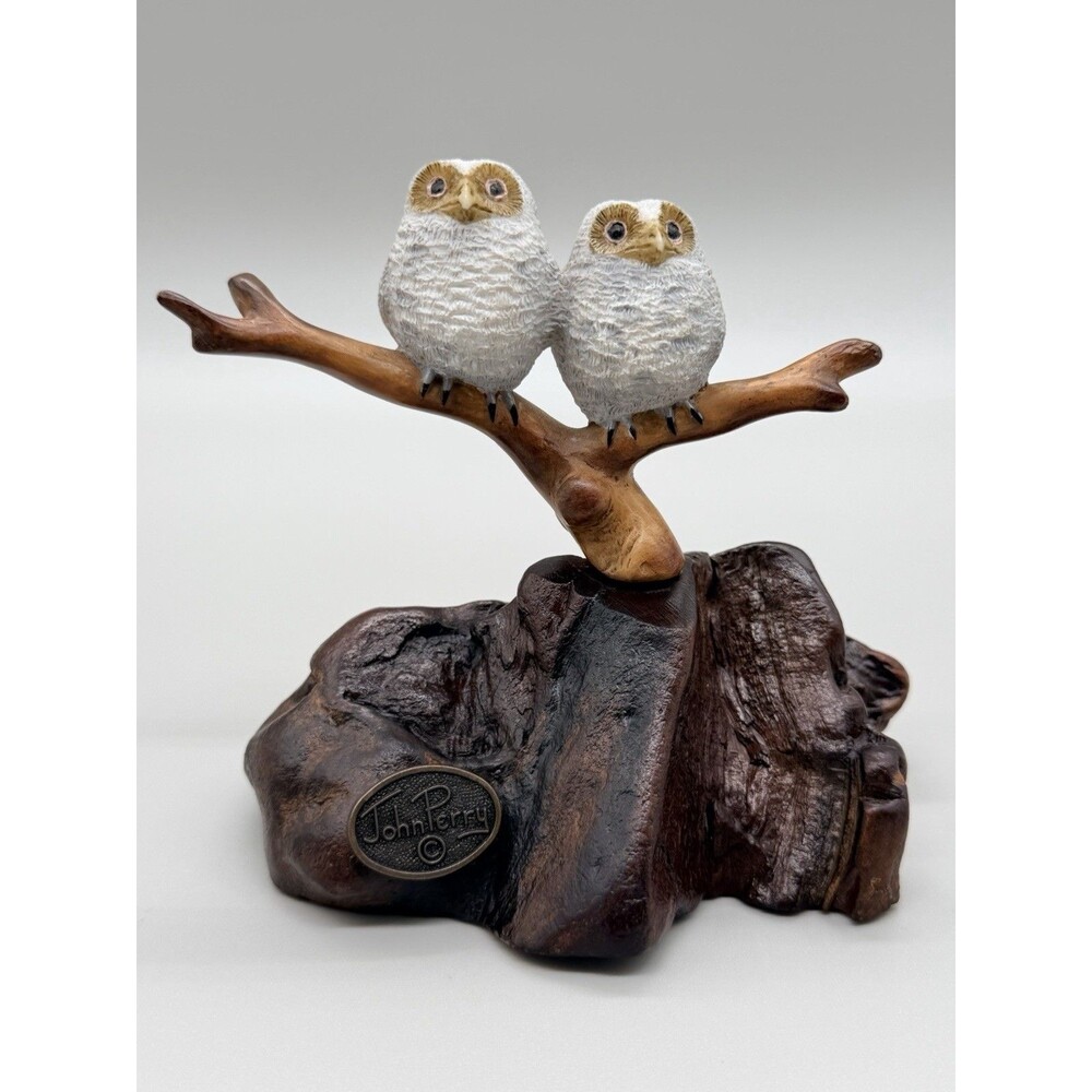 John Perry Owlets Duo Baby Owls Sculpture Figurine Natural Burlwood Base 5"x4"